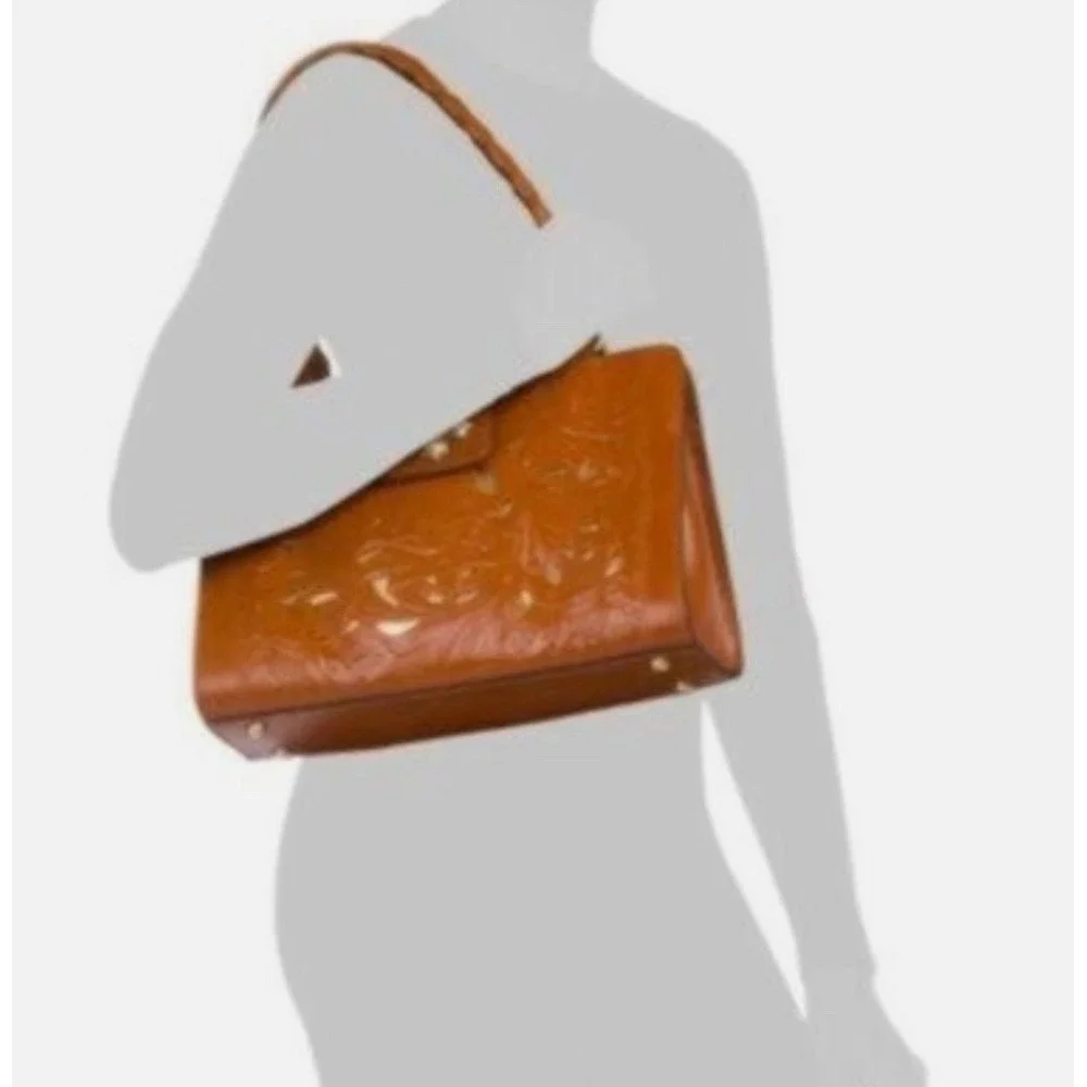 Patricia Nash Rosina‎ Tooled Metallic GOLD LEATHER  Satchel PURSE Tan NWT